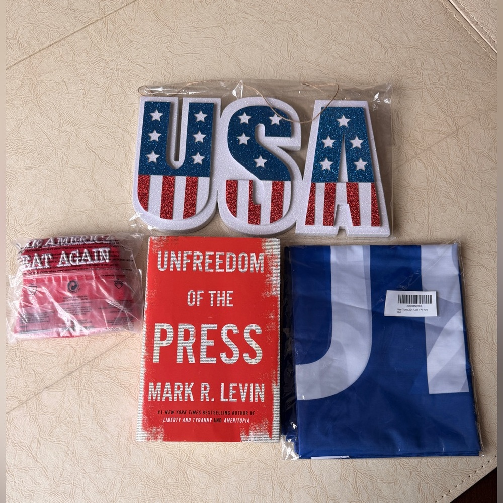 MAGA Trump America Lot of 4 Items - Hat Book Sign Banner